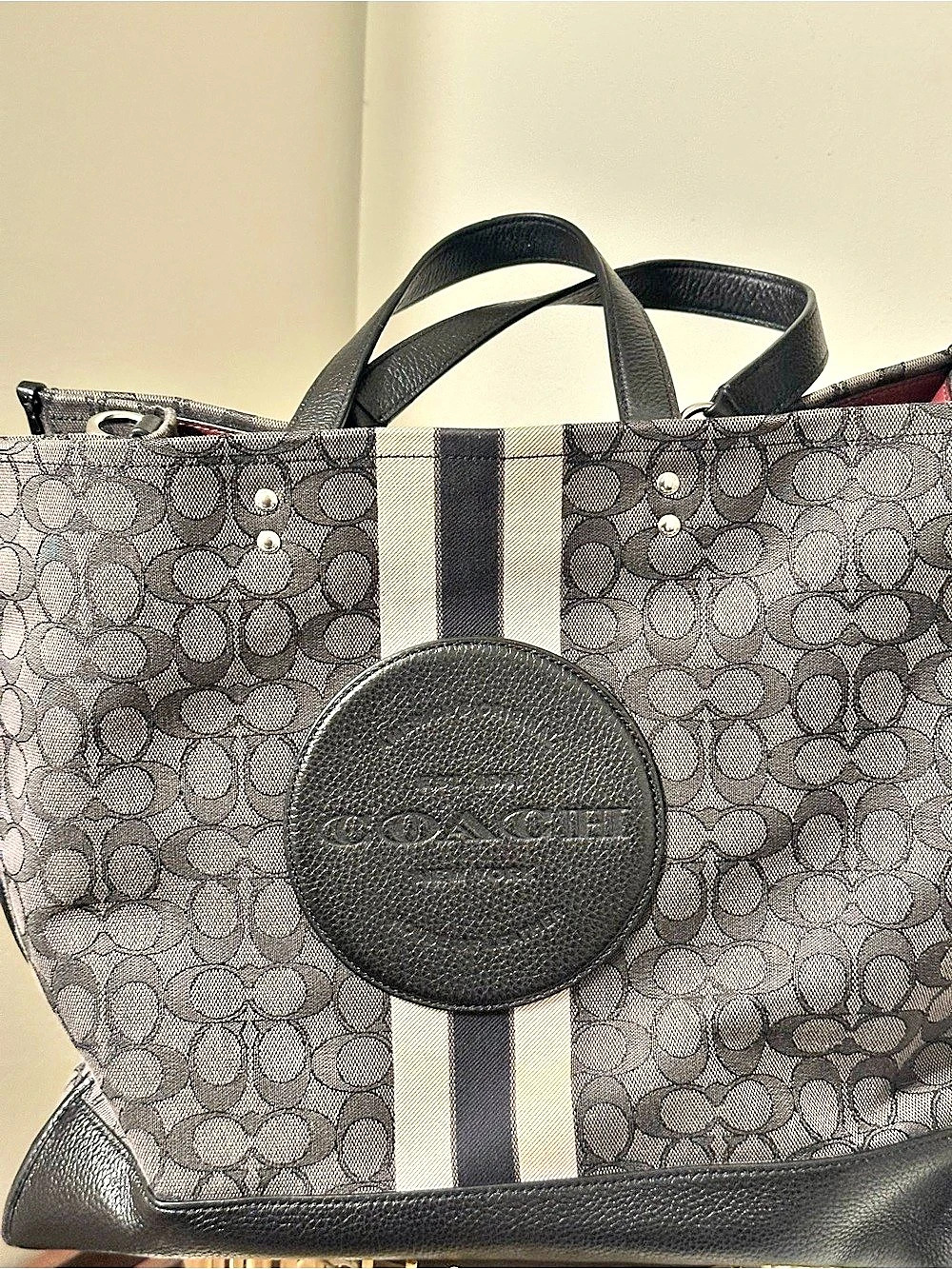 Coach Gray Signature Stripe Tote with Black Leather Trim